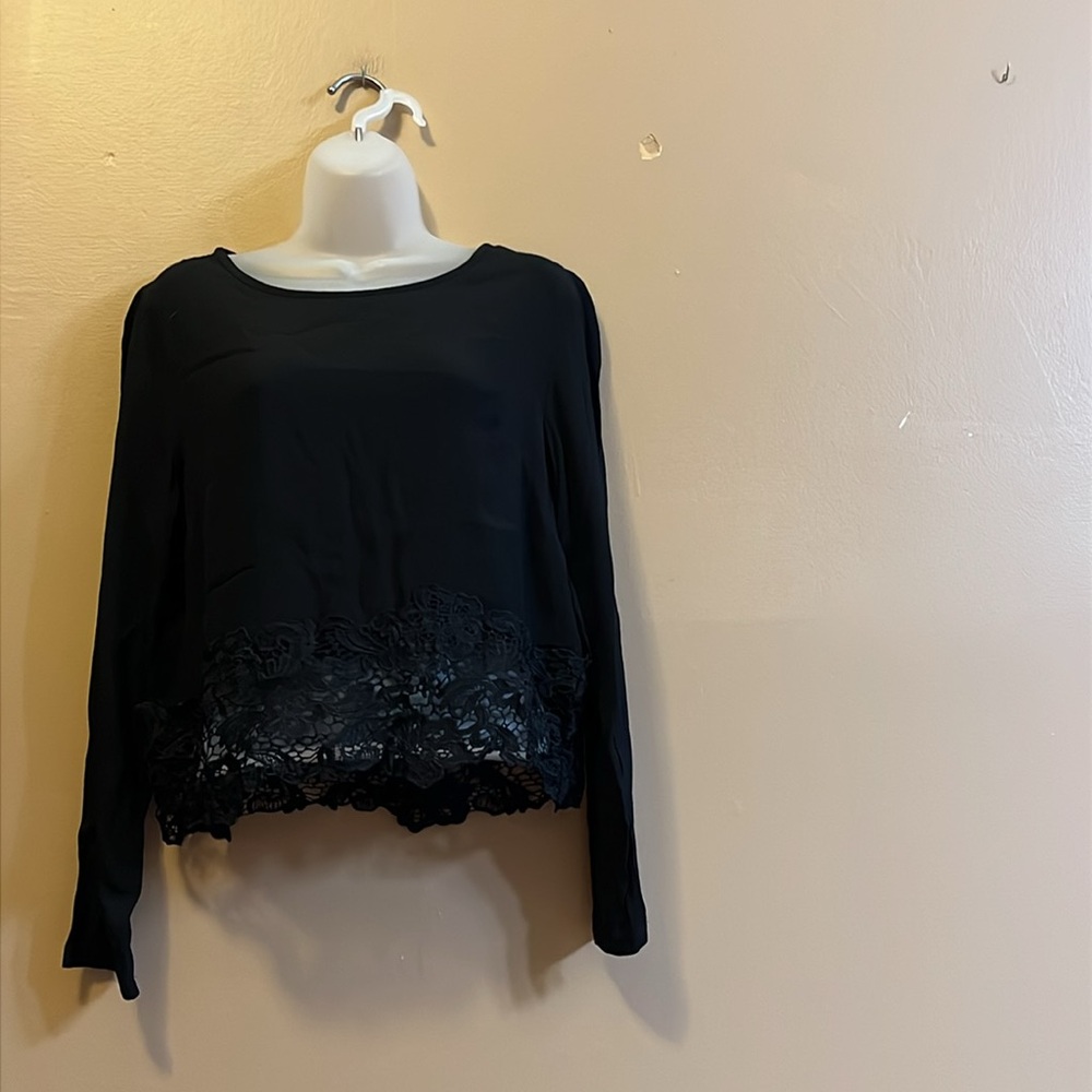 Fanco • Black Sheer Lace Detail Long Sleeve Top